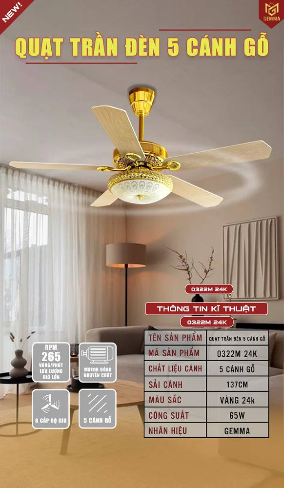 QUẠT TRẦN ĐÈN 5 CÁNH GỖ 0322M-