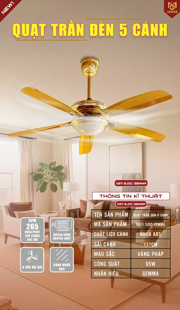 Quạt trần đèn 5 cánh 0311SJDC GAMMA